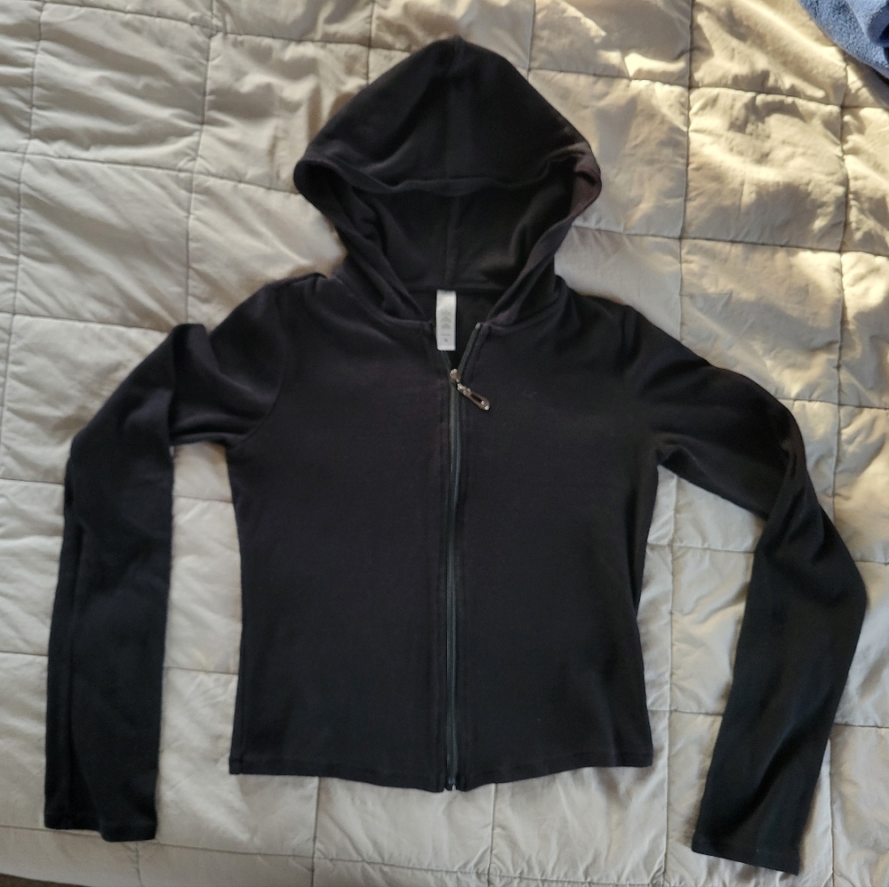 Abonlen Ribbed Cropped Zip Up Hoodie Black